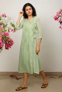 Mint Green Cotton Kota wrap around dress image 4