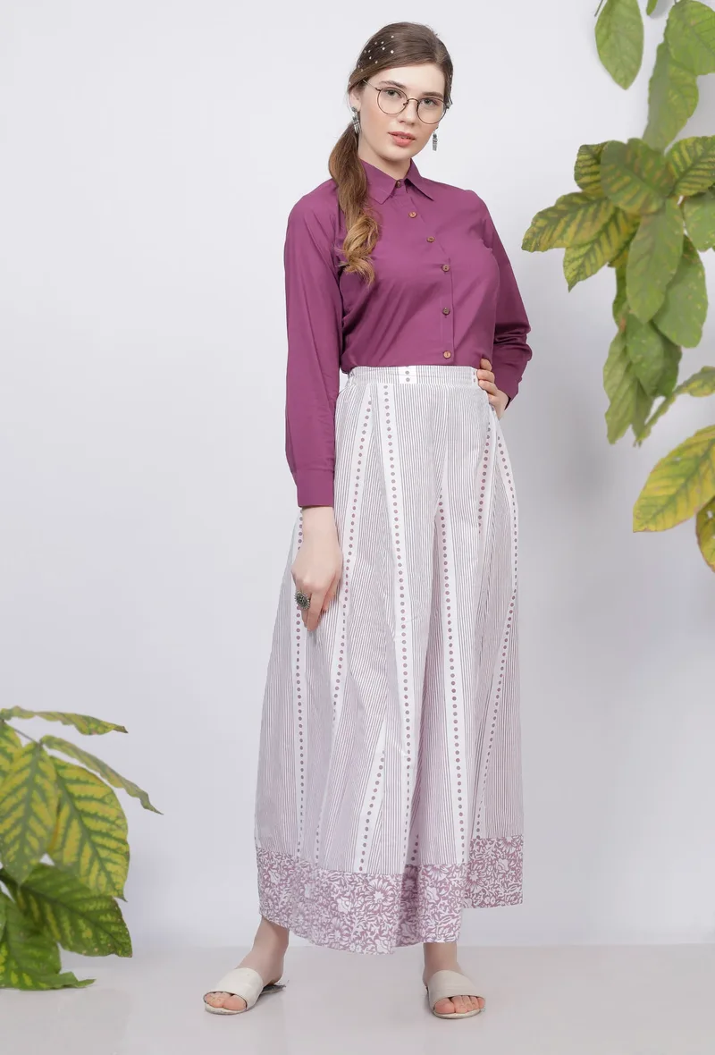 Set of 2: Purple Plain Cotton Shirt  with   Lilac Hand-Block Printed Cotton Flared Palazzo