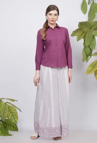 Set of 2: Purple Plain Cotton Shirt  with   Lilac Hand-Block Printed Cotton Flared Palazzo image 2