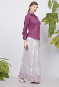 Set of 2: Purple Plain Cotton Shirt  with   Lilac Hand-Block Printed Cotton Flared Palazzo image 3