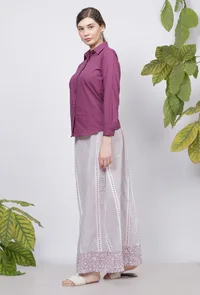 Set of 2: Purple Plain Cotton Shirt  with   Lilac Hand-Block Printed Cotton Flared Palazzo image 4