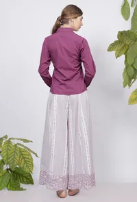 Set of 2: Purple Plain Cotton Shirt  with   Lilac Hand-Block Printed Cotton Flared Palazzo image 5