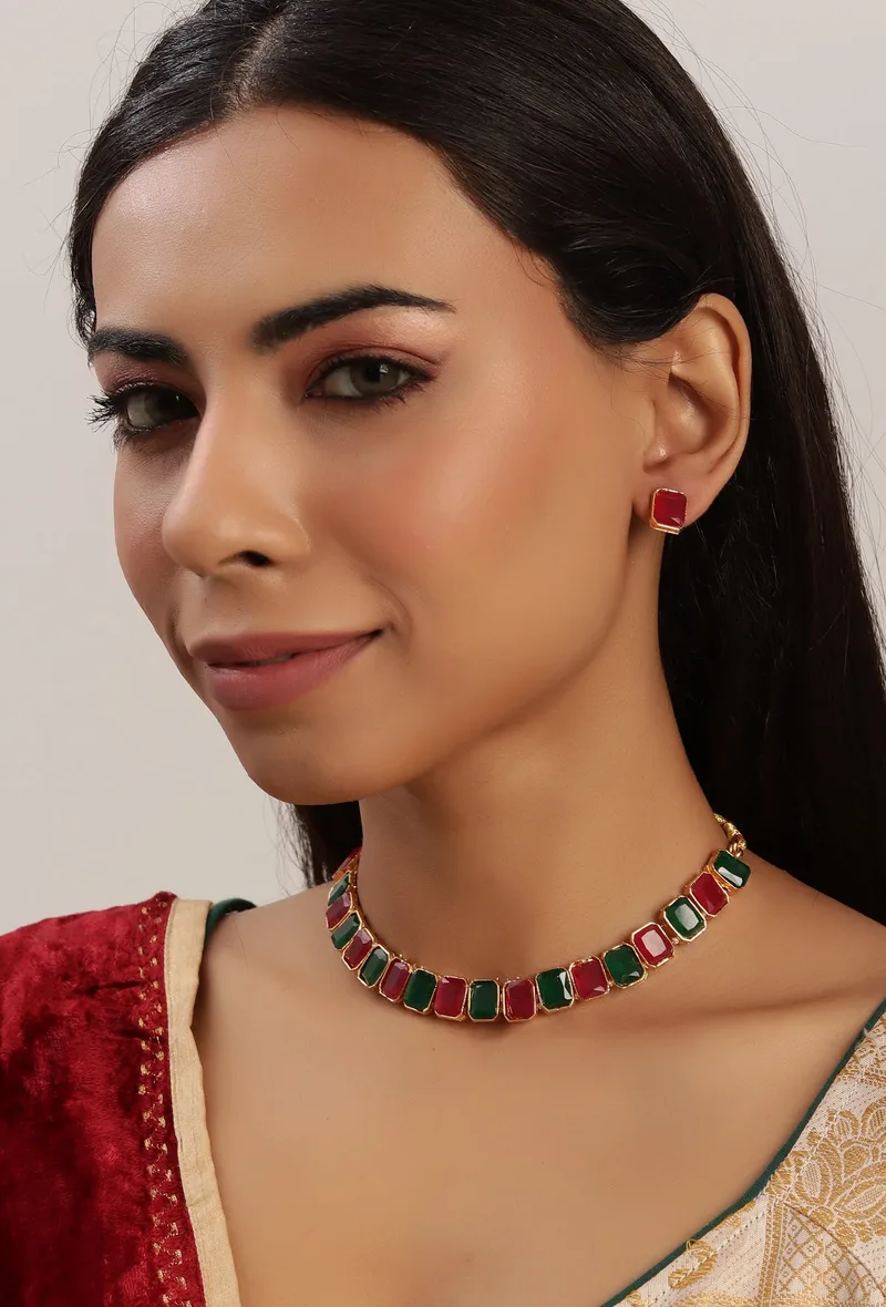 Simple Sufi Style Choker Set With Antique Gold Finish