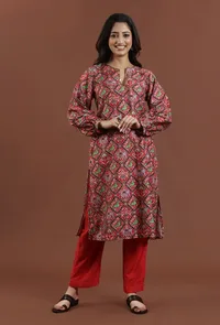 Set of 2: Vibrant Red Patola Inspired Printed Kurta with Solid Red Shantoon Pants Set image 1