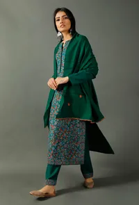 Green 120-Count Pure Wool Thread Embroiderd Shawl image 2