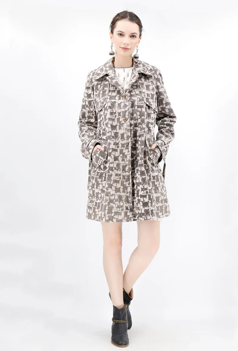 Brown Bagru Trench Coat With Wooden Buttons And Mettalic Embellishments