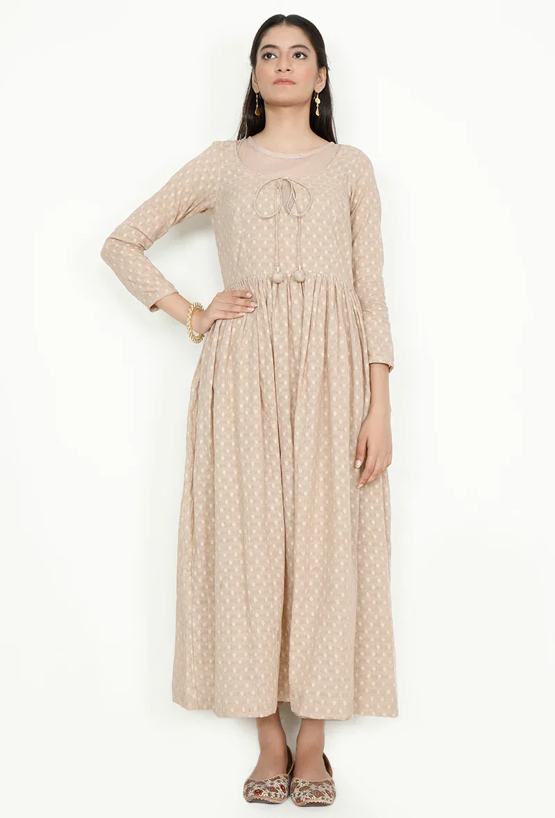 Haya Beige Cotton Dress With Voile Maxi