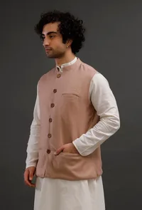 Beige Woollen Blend Nehru Jacket image 2