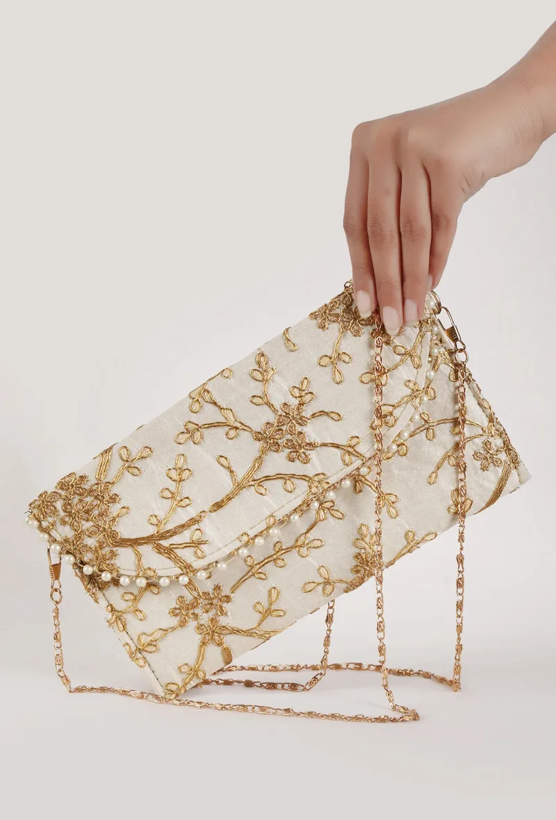 Ivory Elegance Zari Embroidered Silk Envelope Clutch