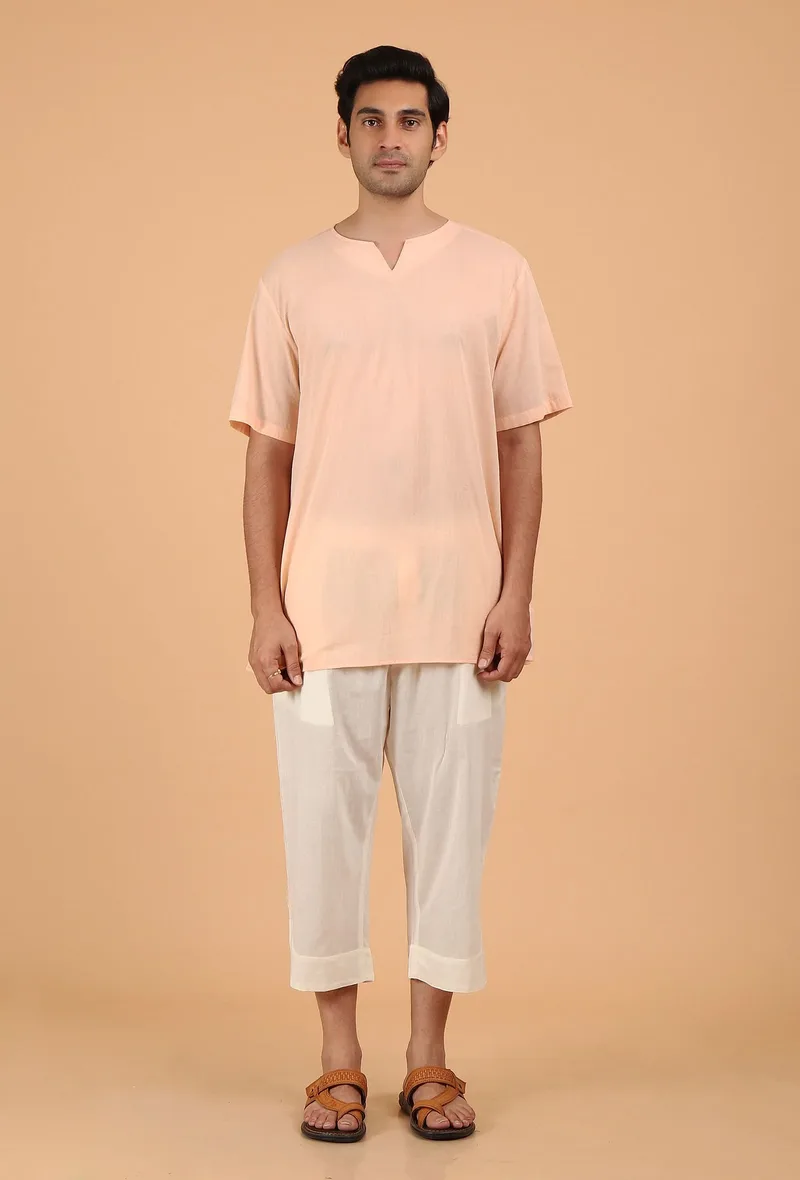 Peach Cotton Mulmul Short Kurta & White Three Quarter Pant