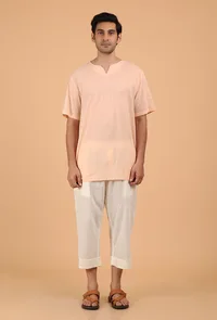Peach Cotton Mulmul Short Kurta & White Three Quarter Pant image 1
