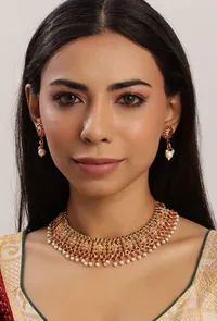 South Indian Laxmi Devi Pearl Necklace Ensemble image 1