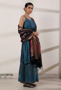 Set of 3: Teal Blue Slip Kurta, Palazzo and Dark Blue Kani Dupatta image 1