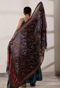 Set of 3: Teal Blue Slip Kurta, Palazzo and Dark Blue Kani Dupatta image 2