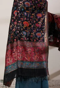 Set of 3: Teal Blue Slip Kurta, Palazzo and Dark Blue Kani Dupatta image 3