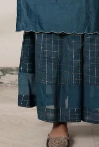 Set of 3: Teal Blue Slip Kurta, Palazzo and Dark Blue Kani Dupatta image 6