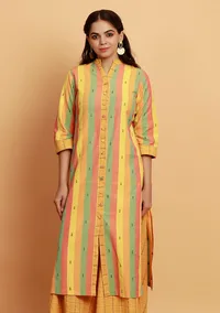 Yellow Multicolor Stripe Straight Woven Kurta image 1