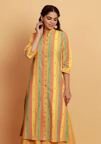 Yellow Multicolor Stripe Straight Woven Kurta image 2