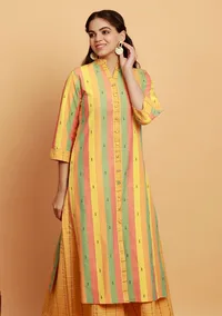 Yellow Multicolor Stripe Straight Woven Kurta image 3