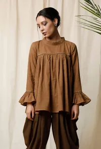 Khaki Cotton Slub Gathered Top image 1