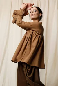 Khaki Cotton Slub Gathered Top image 3