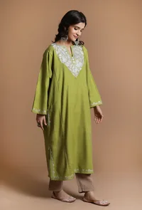 Avocado Green Aari Embroidered Kashmiri Phiran-Free Size image 2