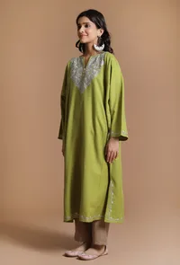 Avocado Green Aari Embroidered Kashmiri Phiran-Free Size image 3