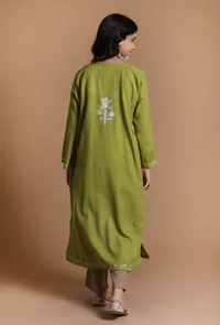 Avocado Green Aari Embroidered Kashmiri Phiran-Free Size image 4