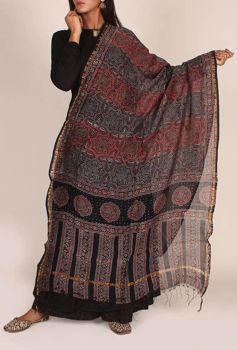 Red And Black Chanderi Dupatta with Ajrakh Print