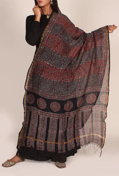 Red And Black Chanderi Dupatta with Ajrakh Print