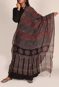 Red And Black Chanderi Dupatta with Ajrakh Print image 1