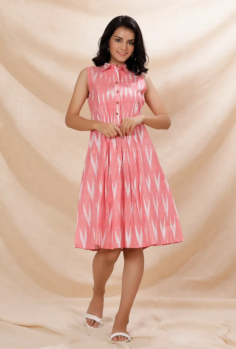 Rose Pink Cotton Pintuck Flared Sleeveless Shirt Ikkat Dress