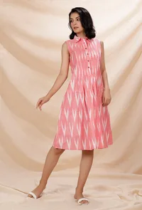 Rose Pink Cotton Pintuck Flared Sleeveless Shirt Ikkat Dress image 2