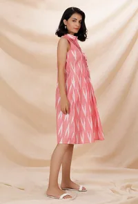 Rose Pink Cotton Pintuck Flared Sleeveless Shirt Ikkat Dress image 3