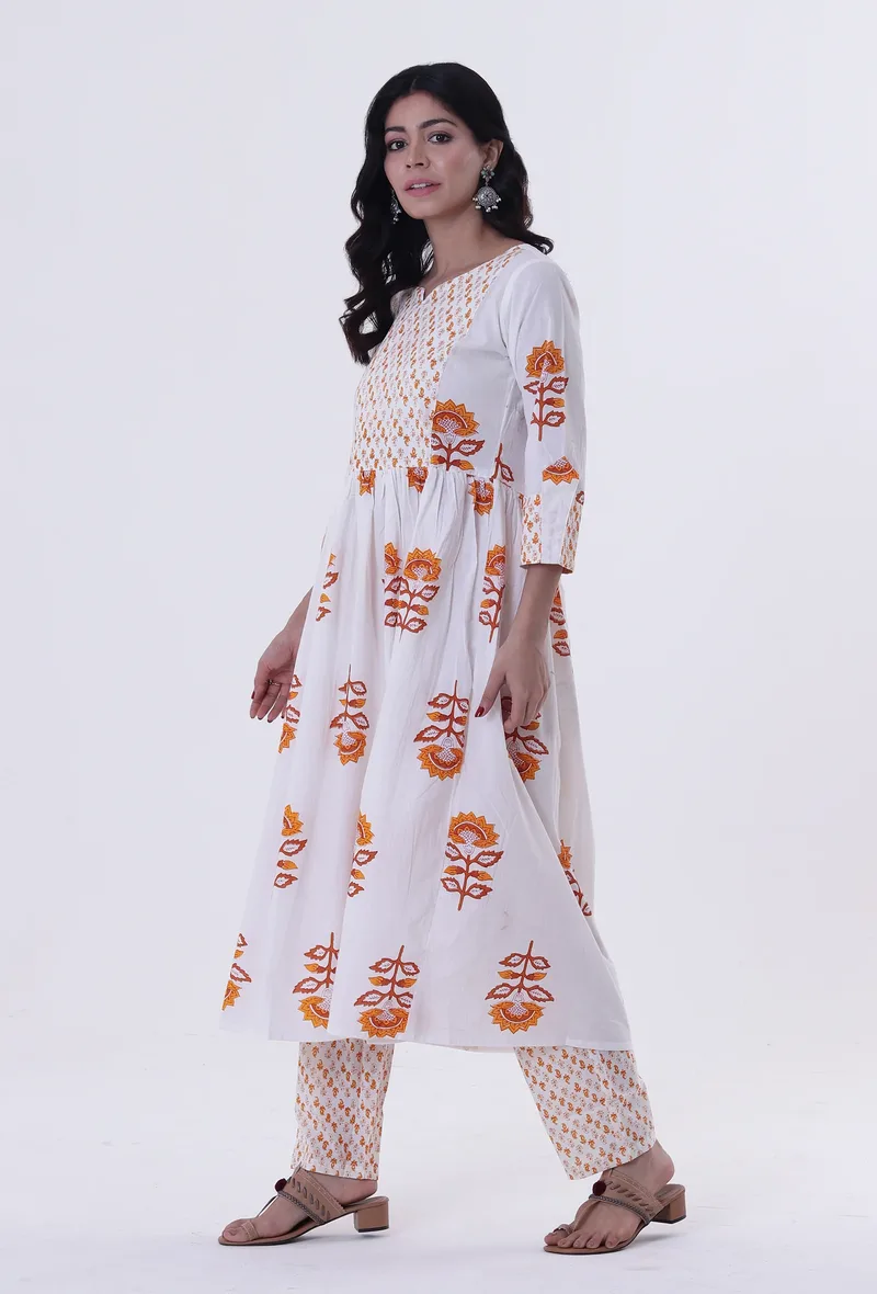 White & Multicolor Cotton Block Printed Kurta