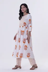 White & Multicolor Cotton Block Printed Kurta image 1