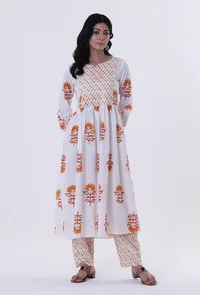 White & Multicolor Cotton Block Printed Kurta image 2