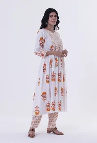 White & Multicolor Cotton Block Printed Kurta image 3