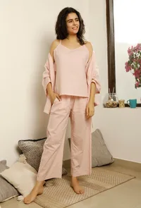 Set of 3 : Baby Pink Slip Top with Cotton Pajama and Overlay image 2