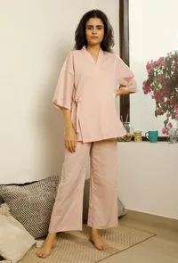 Set of 3 : Baby Pink Slip Top with Cotton Pajama and Overlay image 3