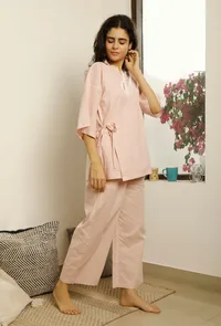 Set of 3 : Baby Pink Slip Top with Cotton Pajama and Overlay image 4