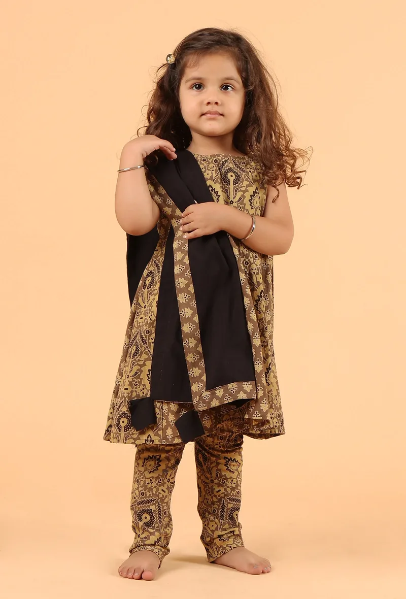 Set Of 3: Ruhi Khaki Multi Ajrakh Print Cotton Kurta, Churidar & Dupatta