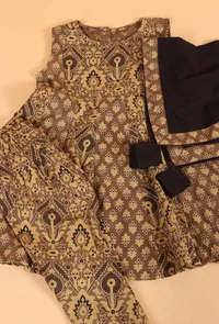 Set Of 3: Ruhi Khaki Multi Ajrakh Print Cotton Kurta, Churidar & Dupatta image 3