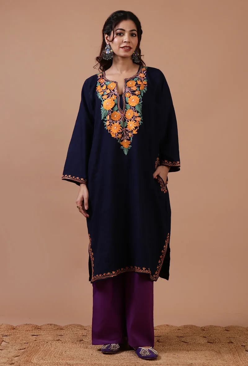 Navy Blue Woolen Ari Embroidered Phiran- Free Size