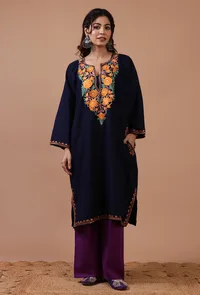 Navy Blue Woolen Ari Embroidered Phiran- Free Size image 1