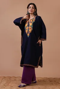 Navy Blue Woolen Ari Embroidered Phiran- Free Size image 2