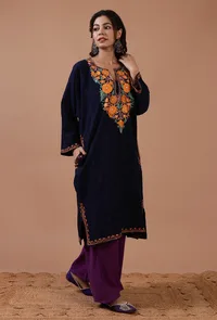 Navy Blue Woolen Ari Embroidered Phiran- Free Size image 3