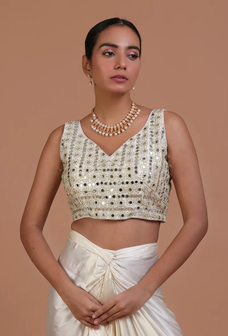 Mint Green Color Raw Silk Mirror Work Blouse