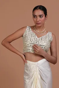 Mint Green Color Raw Silk Mirror Work Blouse image 3