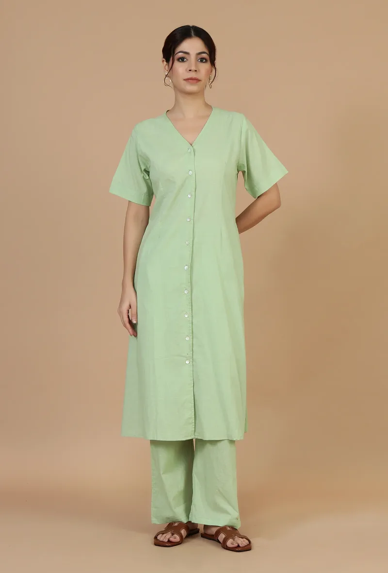 Light Green Solid Cotton Kurta with Button Detailing
